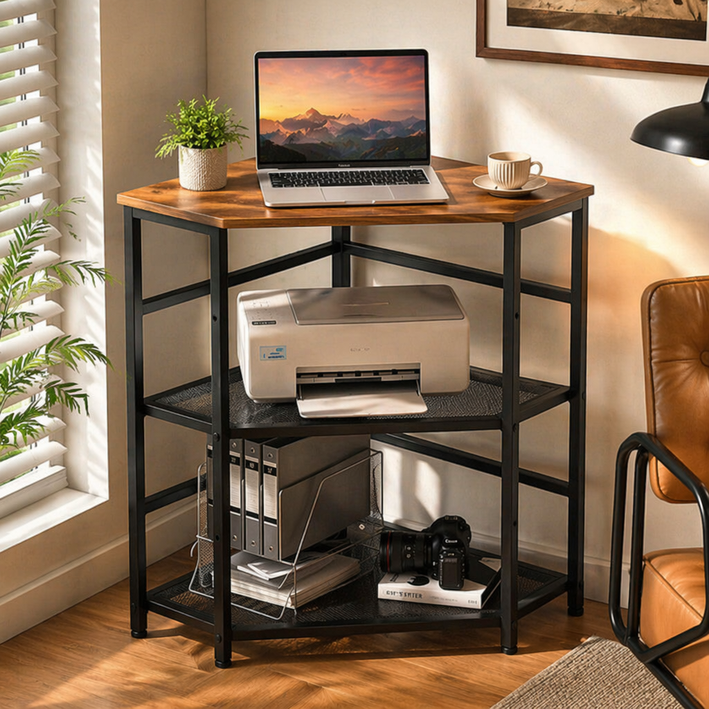 Wooden tabletop, black metal frame corner table, simple and modern Nordic style, suitable for small-sized living rooms and studies Specification image