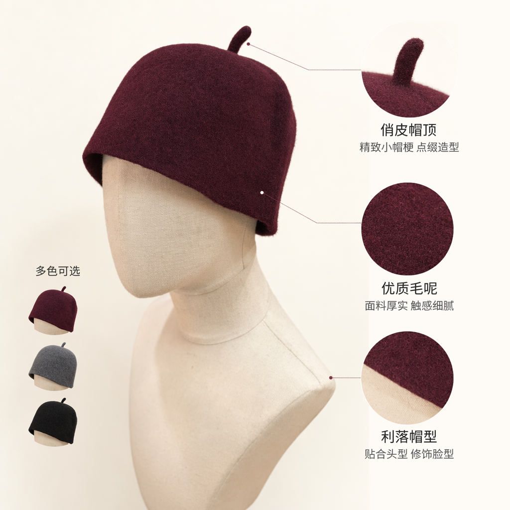 A wine-red woolen hat for display on a table, a warm women's hat for autumn and winter, a cross-border printed felt sauna hat with water absorption and heat insulation, and logo patterns can be added. This cross-border export hat is selling well