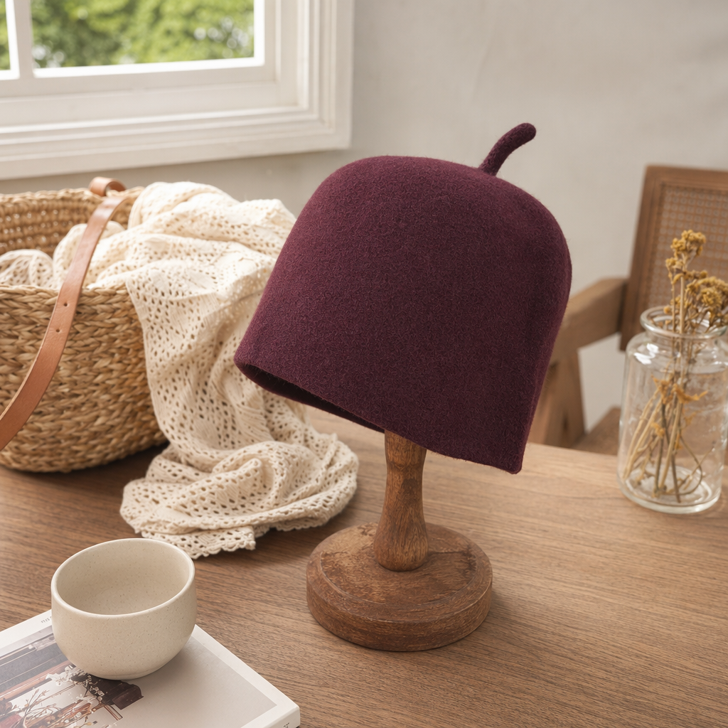 A wine-red woolen hat for display on a table, a warm women's hat for autumn and winter, a cross-border printed felt sauna hat with water absorption and heat insulation, and logo patterns can be added. This cross-border export hat is selling well details Picture