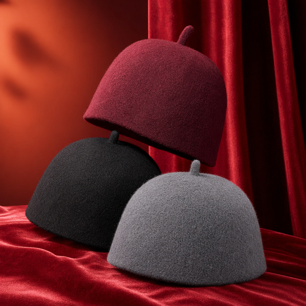 A wine-red woolen hat for display on a table, a warm women's hat for autumn and winter, a cross-border printed felt sauna hat with water absorption and heat insulation, and logo patterns can be added. This cross-border export hat is selling well Specification image