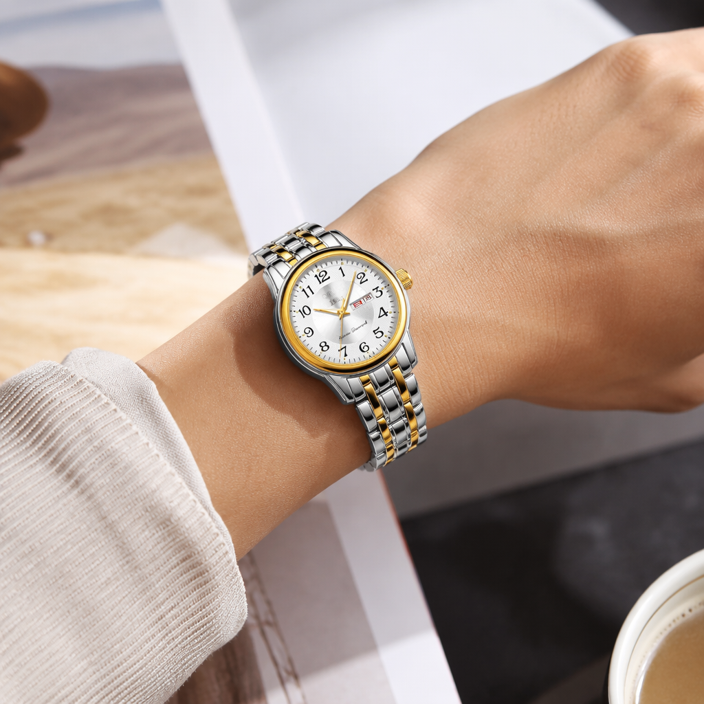 A simple, fashionable and light luxury ladies' quartz watch with a golden frame and a silver strap details Picture