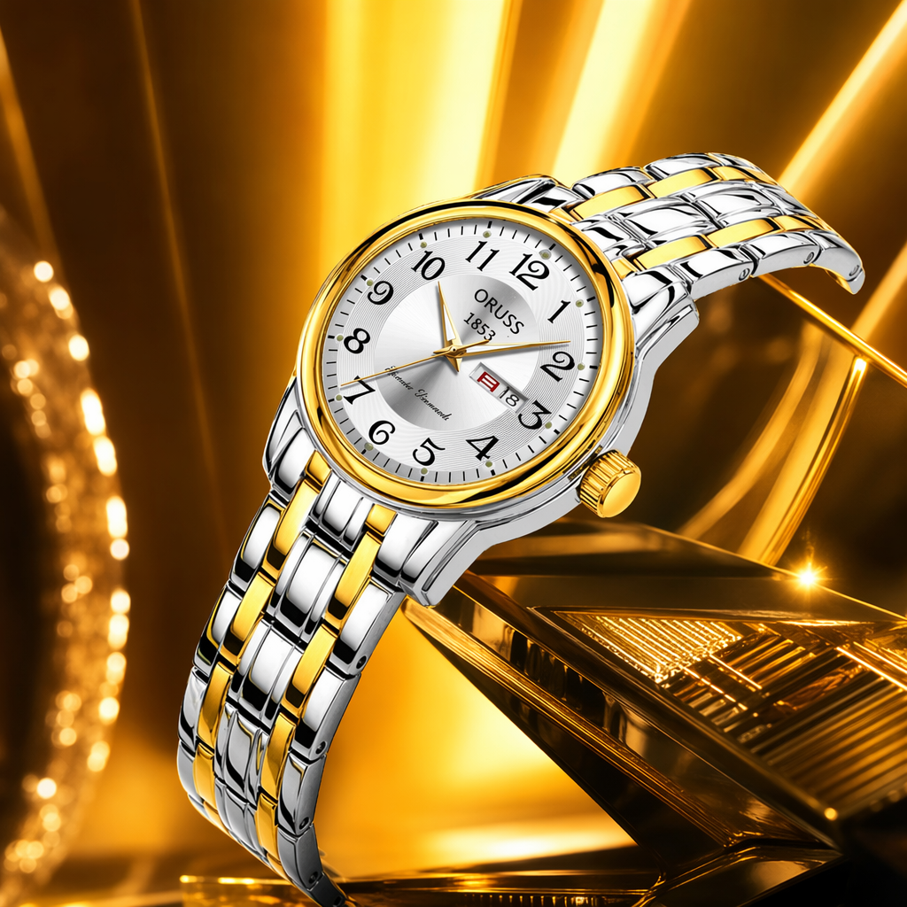 A simple, fashionable and light luxury ladies' quartz watch with a golden frame and a silver strap Specification image