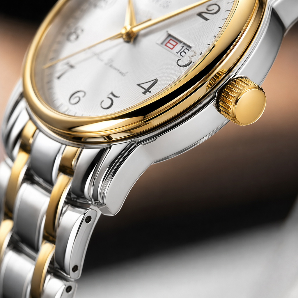 A simple, fashionable and light luxury ladies' quartz watch with a golden frame and a silver strap Application Scenario