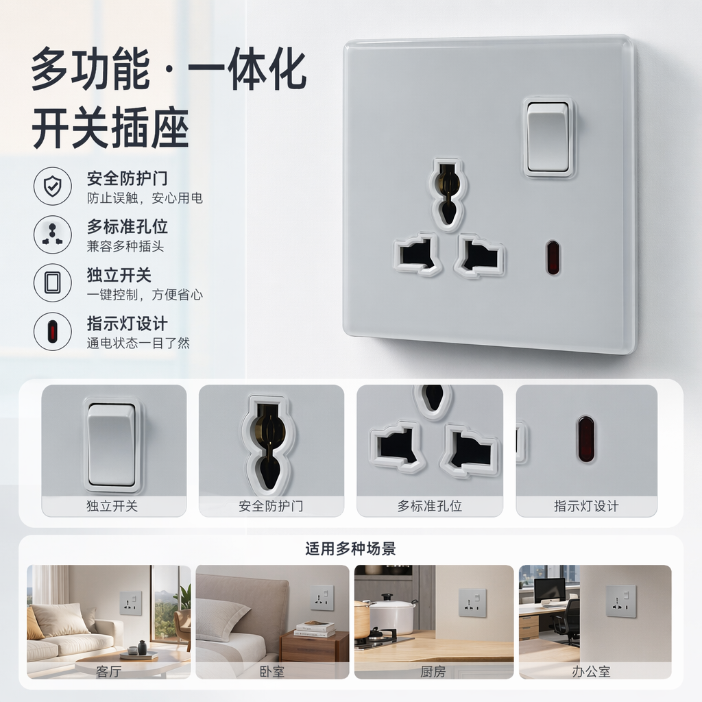 S7.5玻璃黑/白/灰13A多功能墙壁插座 86型通用墙壁开关简约现代 外贸专供图