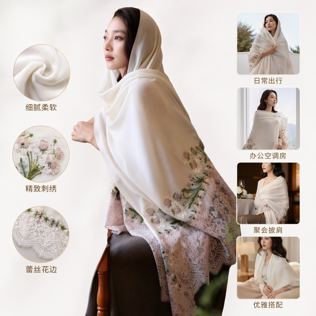 白色刺绣蕾丝披肩女纯棉混纺轻盈透气日常穿搭必备