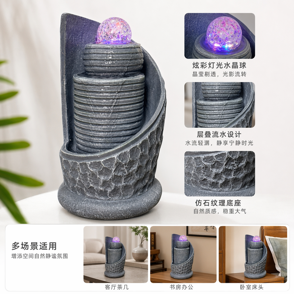 灰色层叠石雕流水摆件顶部带彩色发光球体