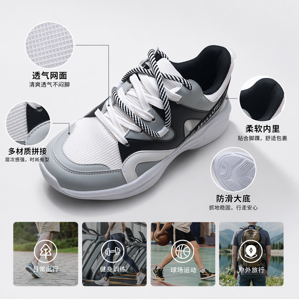 Gray, white and black color-matched sports shoes, breathable, shock-absorbing and lightweight men's and women's casual running shoes