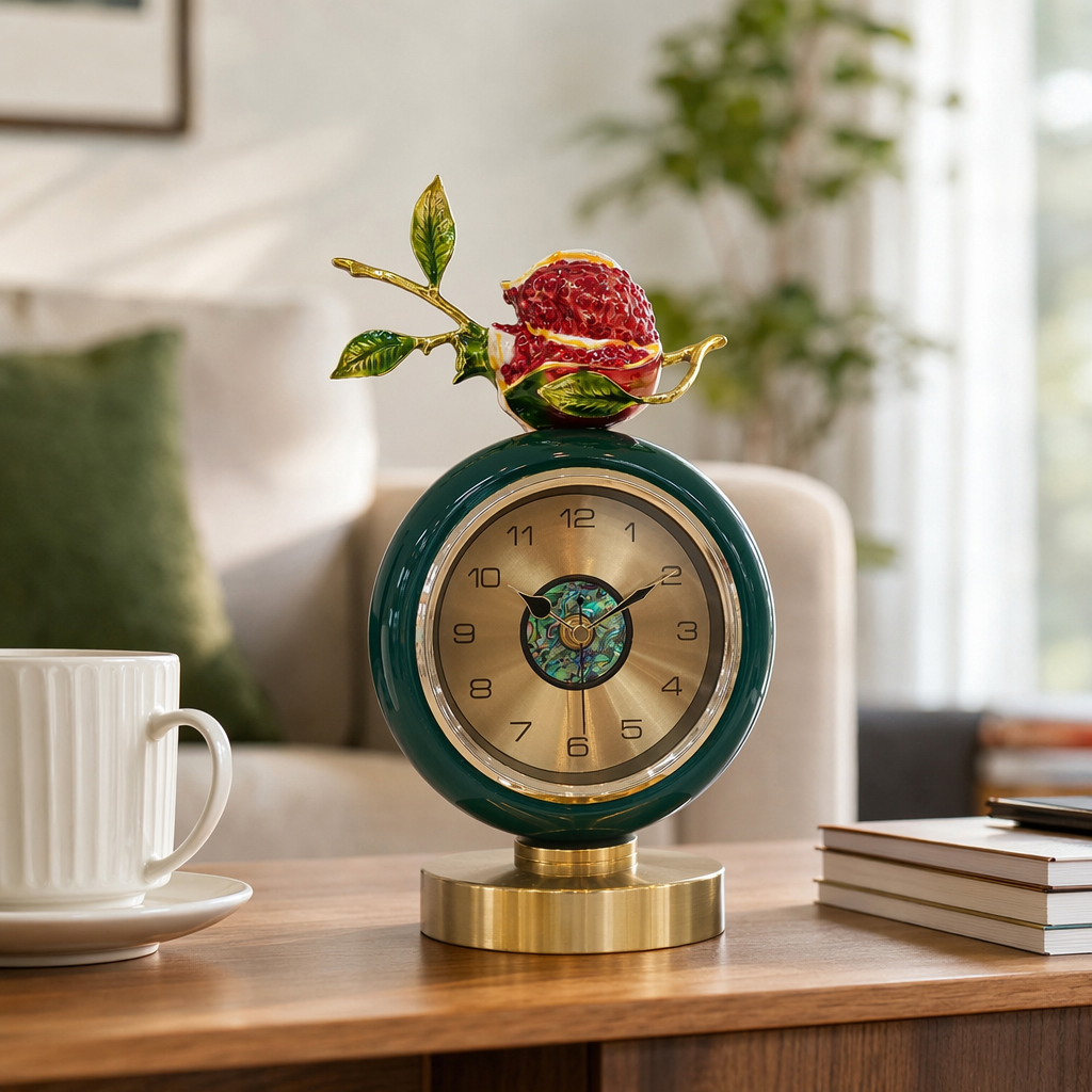 Green round table clock pomegranate decorative item, living room, bedroom home clock details Picture