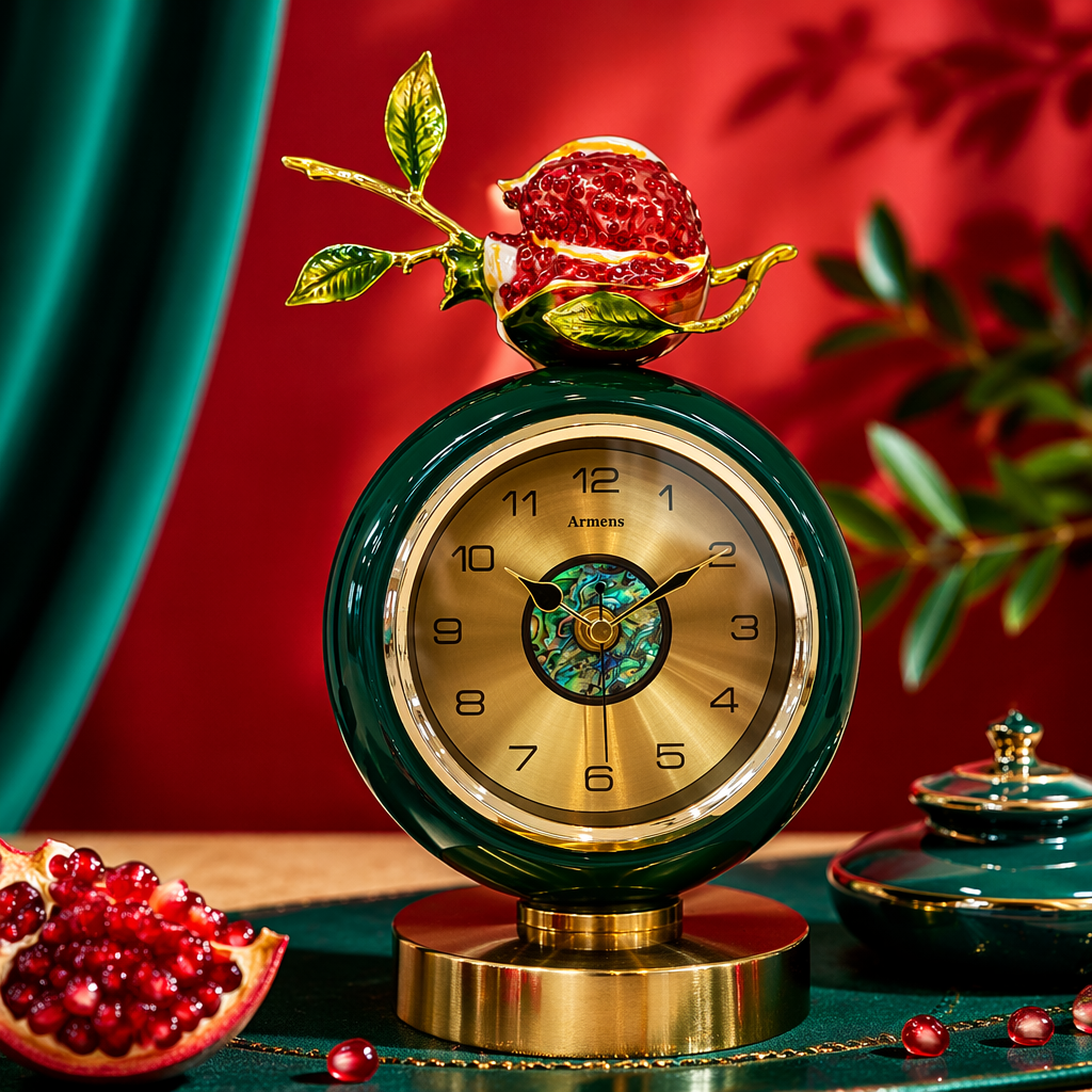 Green round table clock pomegranate decorative item, living room, bedroom home clock Specification image