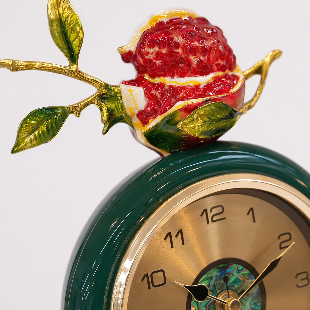 Green round table clock pomegranate decorative item, living room, bedroom home clock Application Scenario