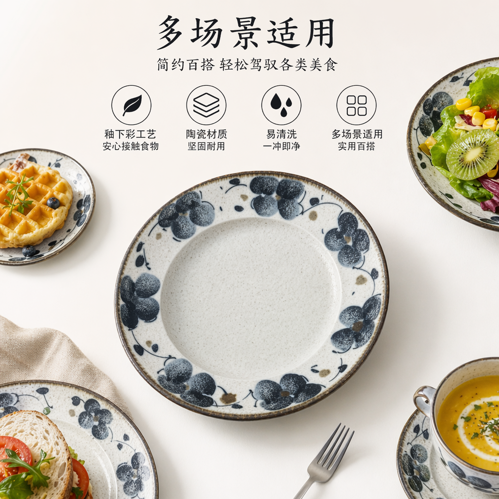 蓝花瓷盘 家用陶瓷餐具 盘子 青花釉下彩 26cm