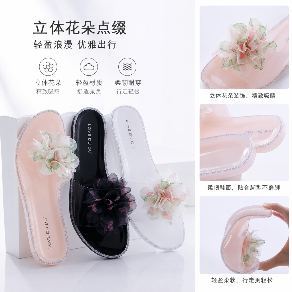 彩色花朵装饰凉拖鞋 女士夏季休闲防滑软底