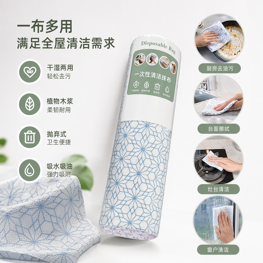 蓝白几何图案一次性抹布卷 家用厨房清洁湿巾卷装