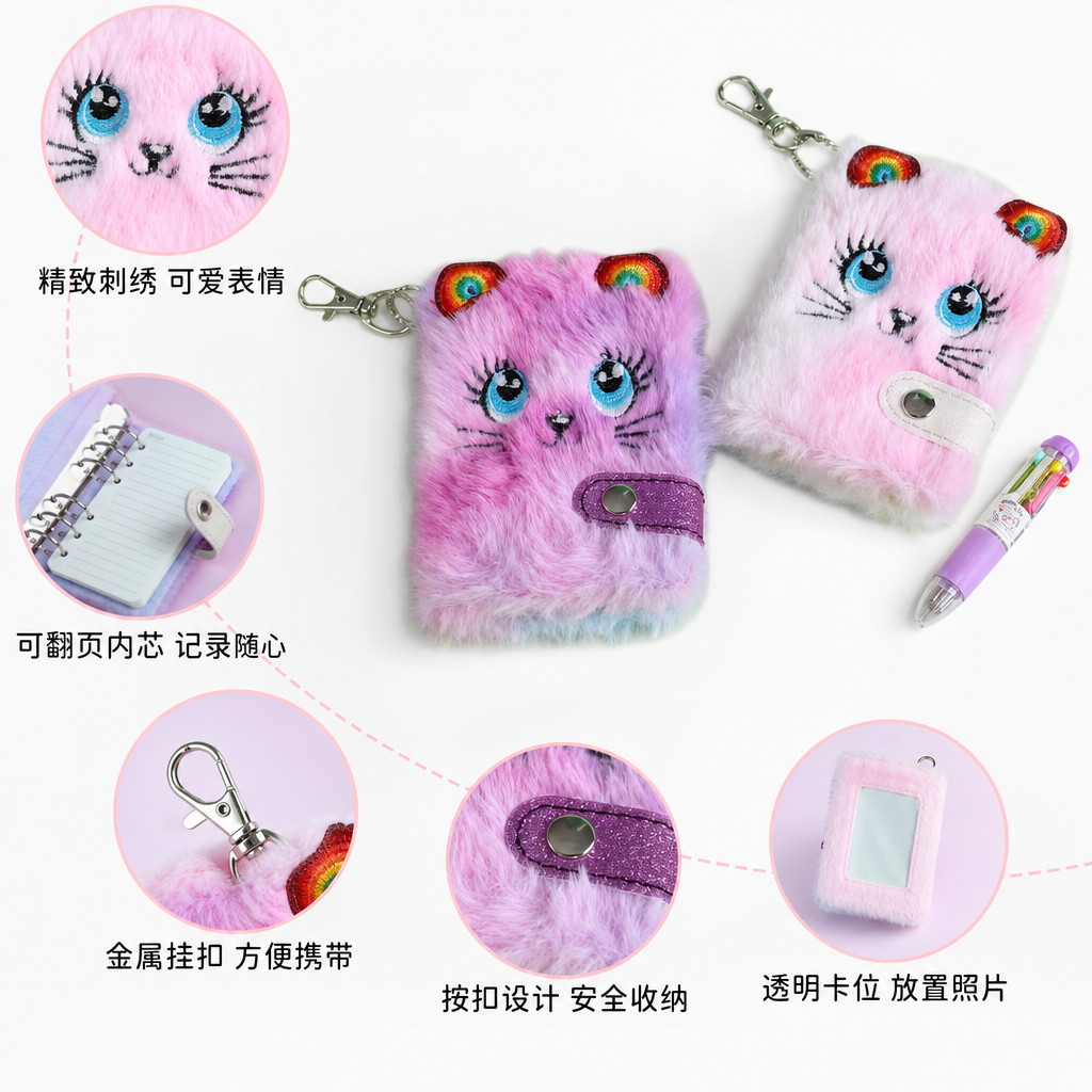 粉色毛绒猫咪钥匙扣笔记本可爱萌趣随身携带小巧便携