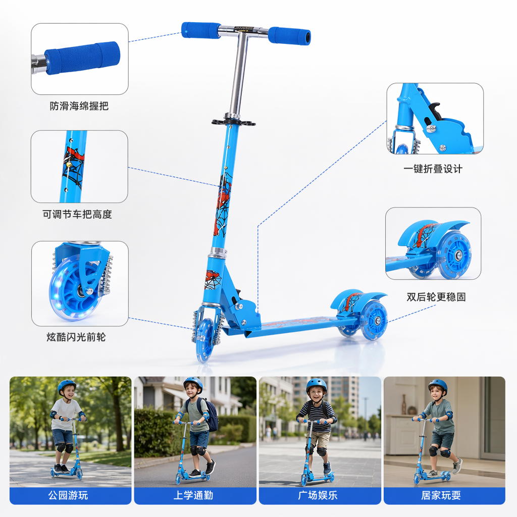 蓝色儿童滑板车3轮可调节身高带刹车安全滑行