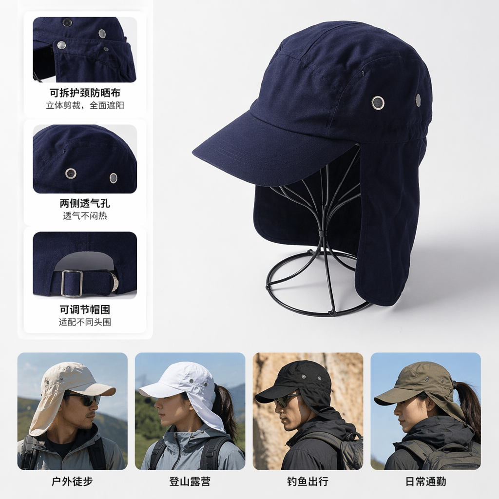 深蓝色防晒遮阳帽男女通用可折叠透气轻便