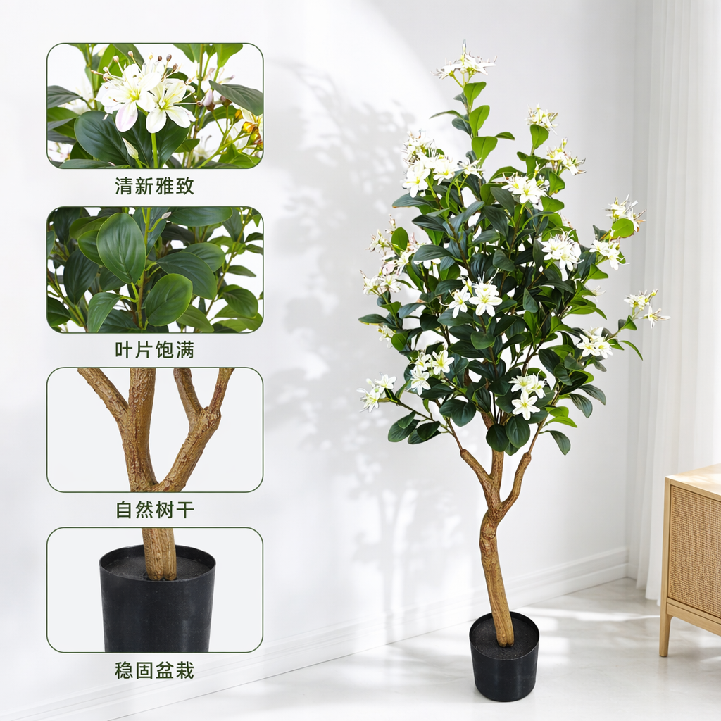 白色花朵绿叶盆栽树 室内装饰观叶植物小型庭院绿化