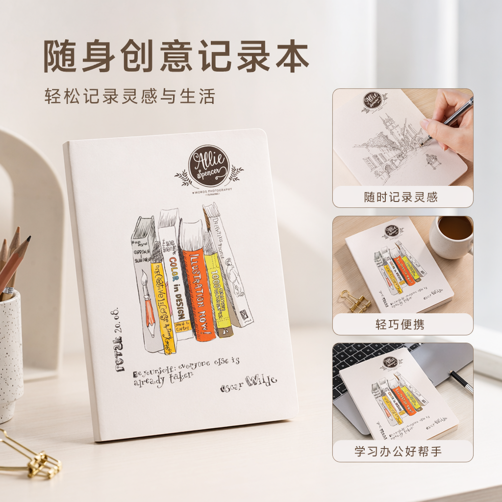 米白色笔记本封面彩色书籍插画文字简约文艺手账本