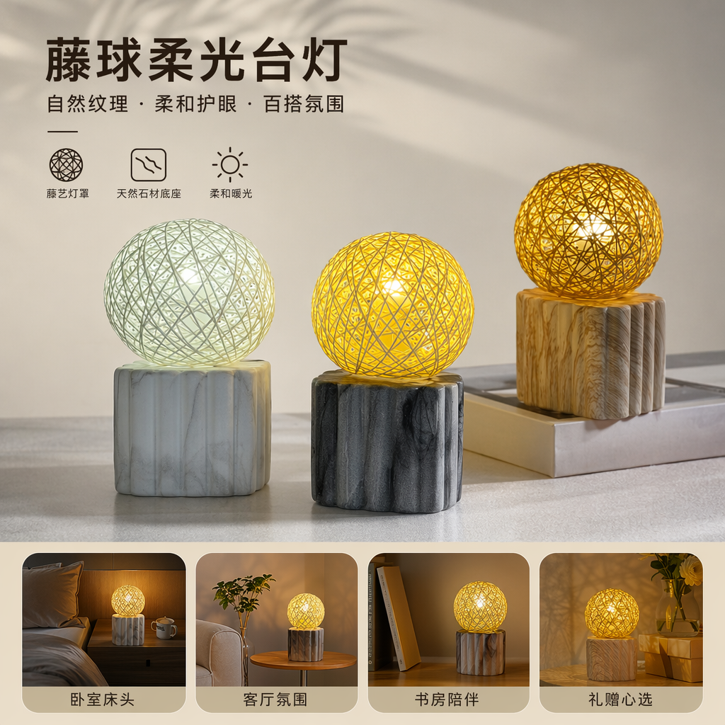 Three woven spherical table lamps with a combination of marble and wood grain bases