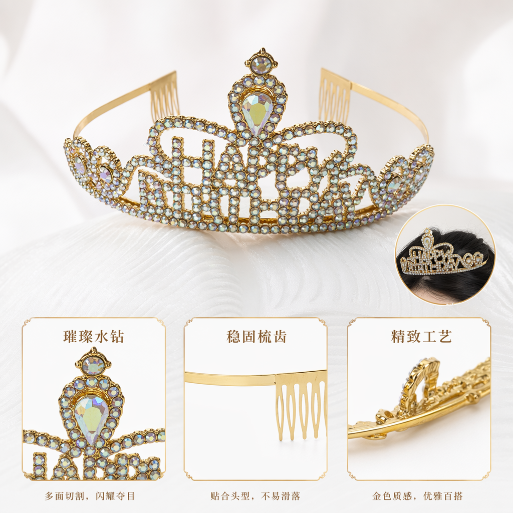 Golden diamond-encrusted "HAPPY BIRTHDAY" crown headwear for birthday party decoration