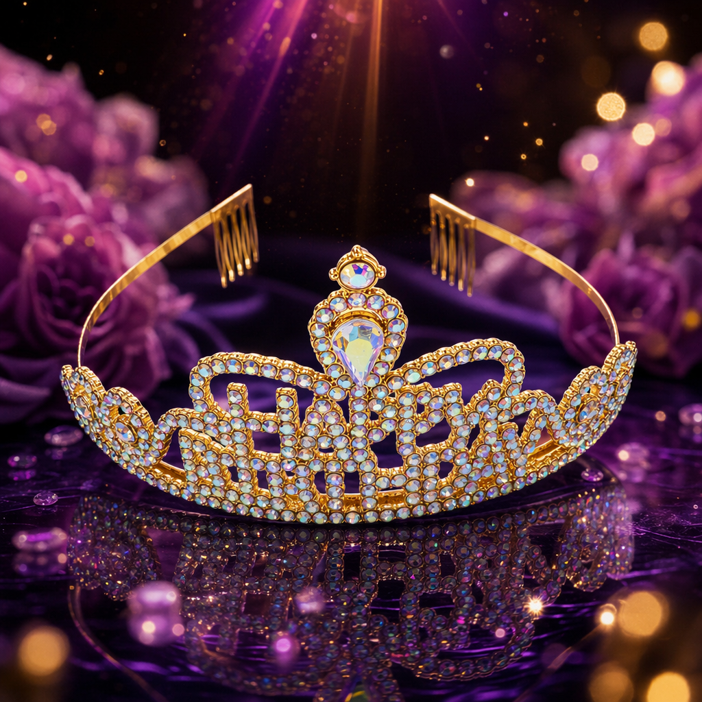 Golden diamond-encrusted "HAPPY BIRTHDAY" crown headwear for birthday party decoration Specification image