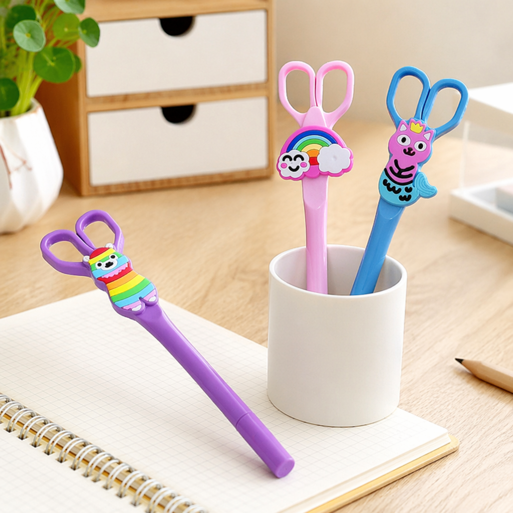 Colorful cartoon scissors and pens, student stationery, creative and safe scissors with pen function details Picture