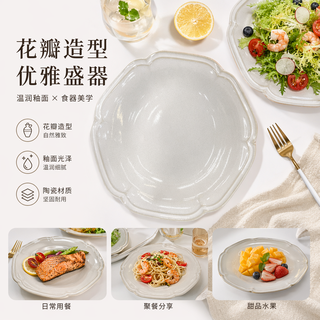 米白色花瓣形陶瓷盘家用餐盘客厅摆盘装饰盘