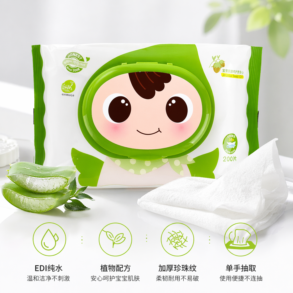 绿色包装婴儿湿巾卡通绿衣小孩形象温和无刺激