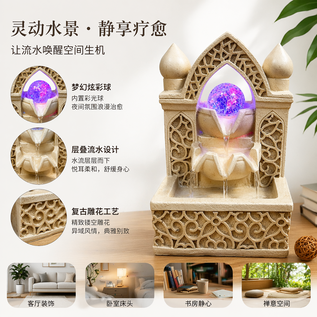 米色雕花喷泉摆件带中央紫色发光球体多层台阶流水底座水盆