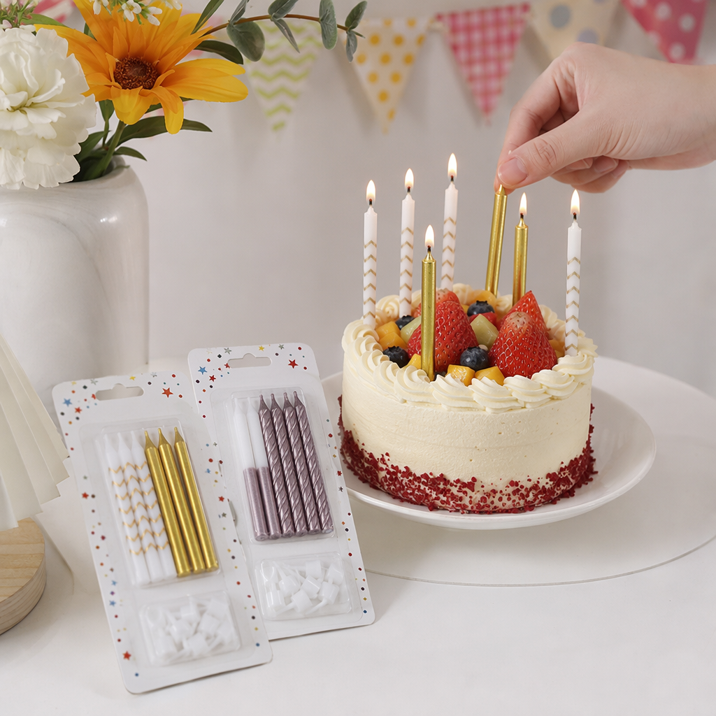 Colorful Star Birthday Candle set: white gold wavy pattern, golden straight bars, white pink gradient, rose gold spiral with white base details Picture