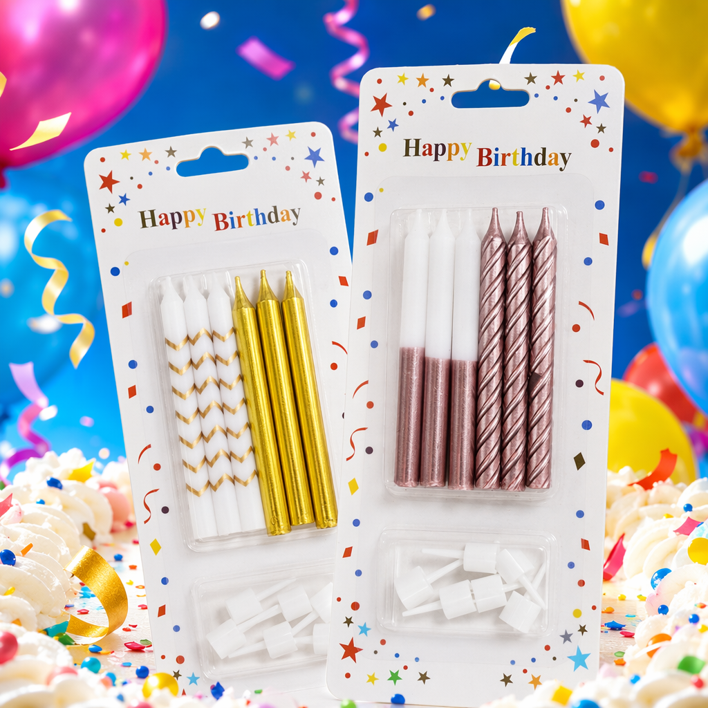 Colorful Star Birthday Candle set: white gold wavy pattern, golden straight bars, white pink gradient, rose gold spiral with white base Specification image
