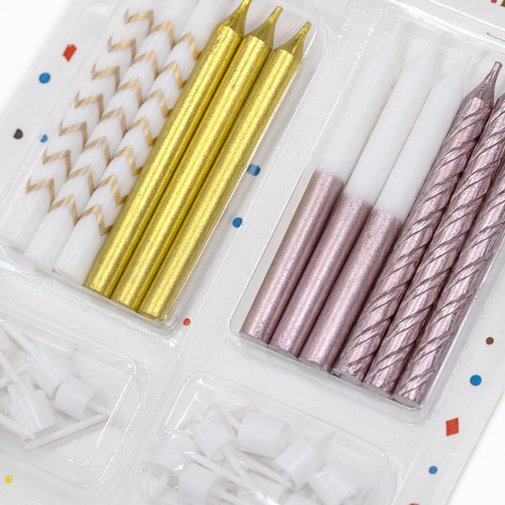 Colorful Star Birthday Candle set: white gold wavy pattern, golden straight bars, white pink gradient, rose gold spiral with white base Application Scenario