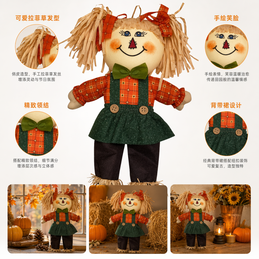 橙色格子衣绿色背带裙稻草娃娃手工编织儿童装饰