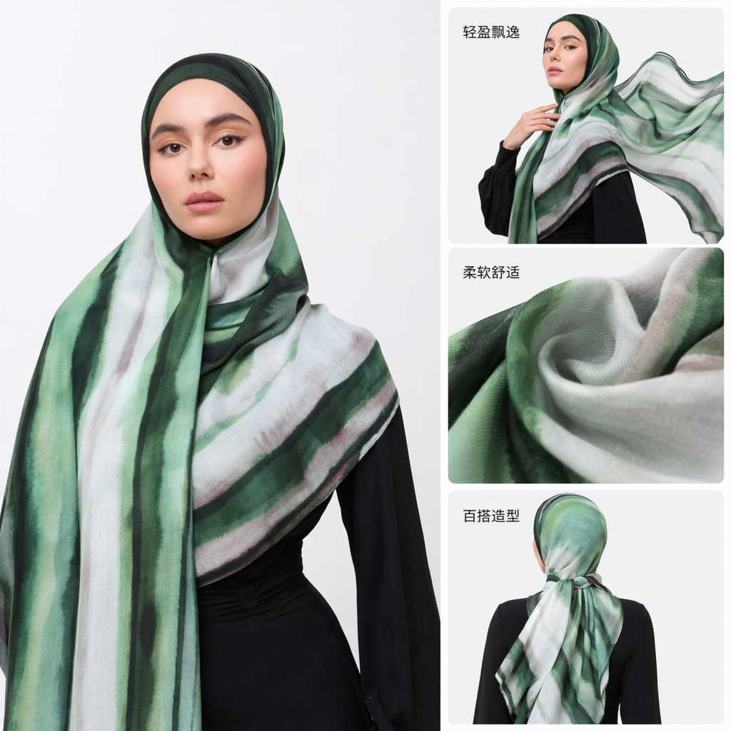 绿色条纹女士围巾秋冬保暖纯棉针织时尚百搭
