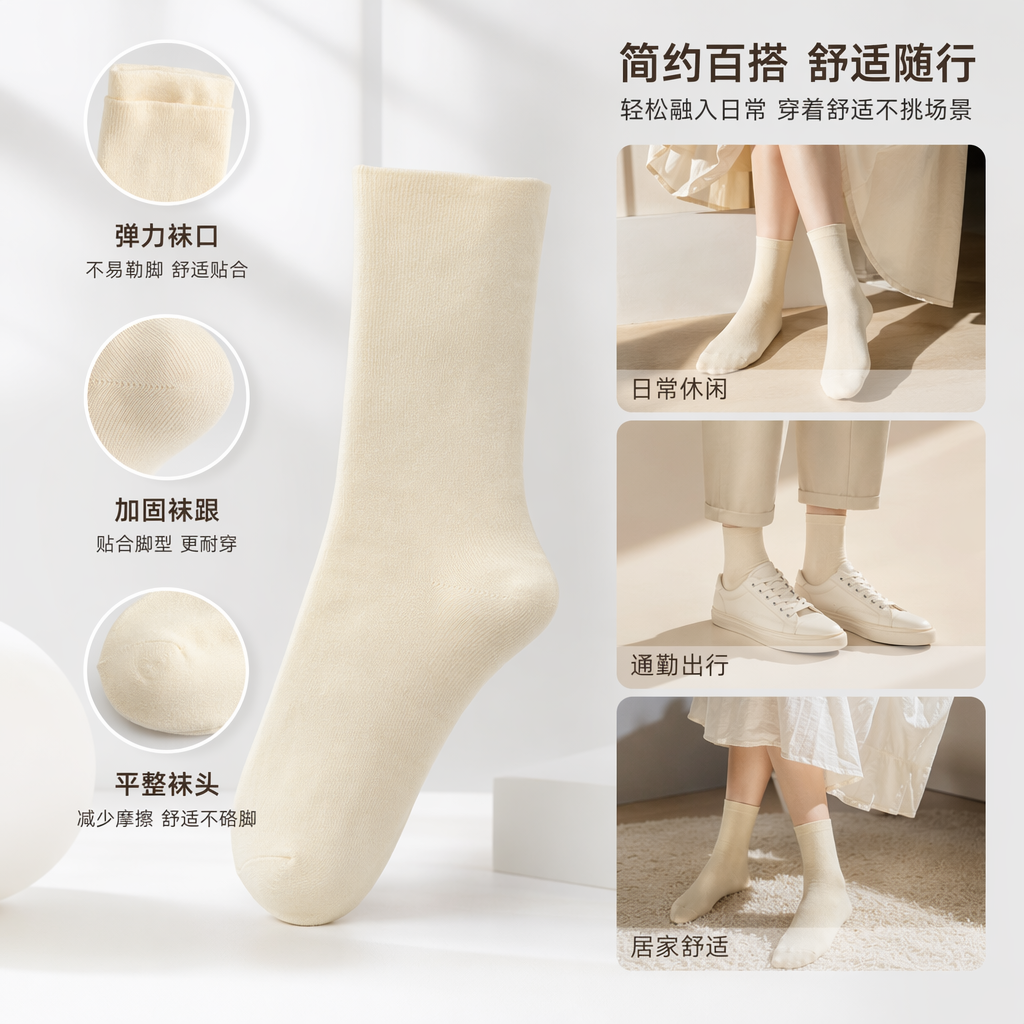 米白色纯棉袜子男女同款中筒袜舒适透气