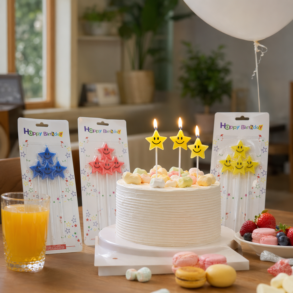 Creative birthday party decoration candles with colorful stars and smiling faces details Picture