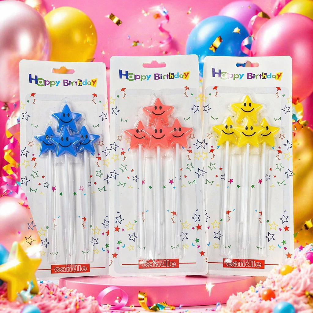Creative birthday party decoration candles with colorful stars and smiling faces Specification image