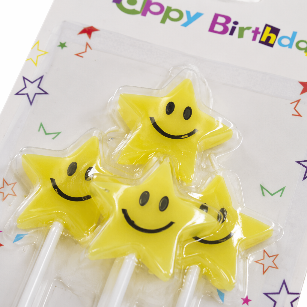 Creative birthday party decoration candles with colorful stars and smiling faces Application Scenario