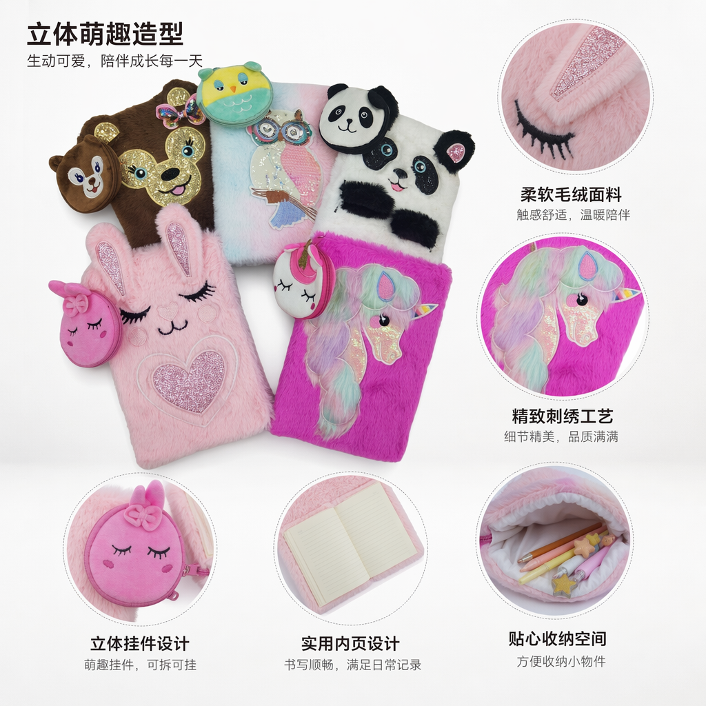 毛绒卡通文具套装 兔子熊猫独角兽猫头鹰熊造型笔记本零钱包