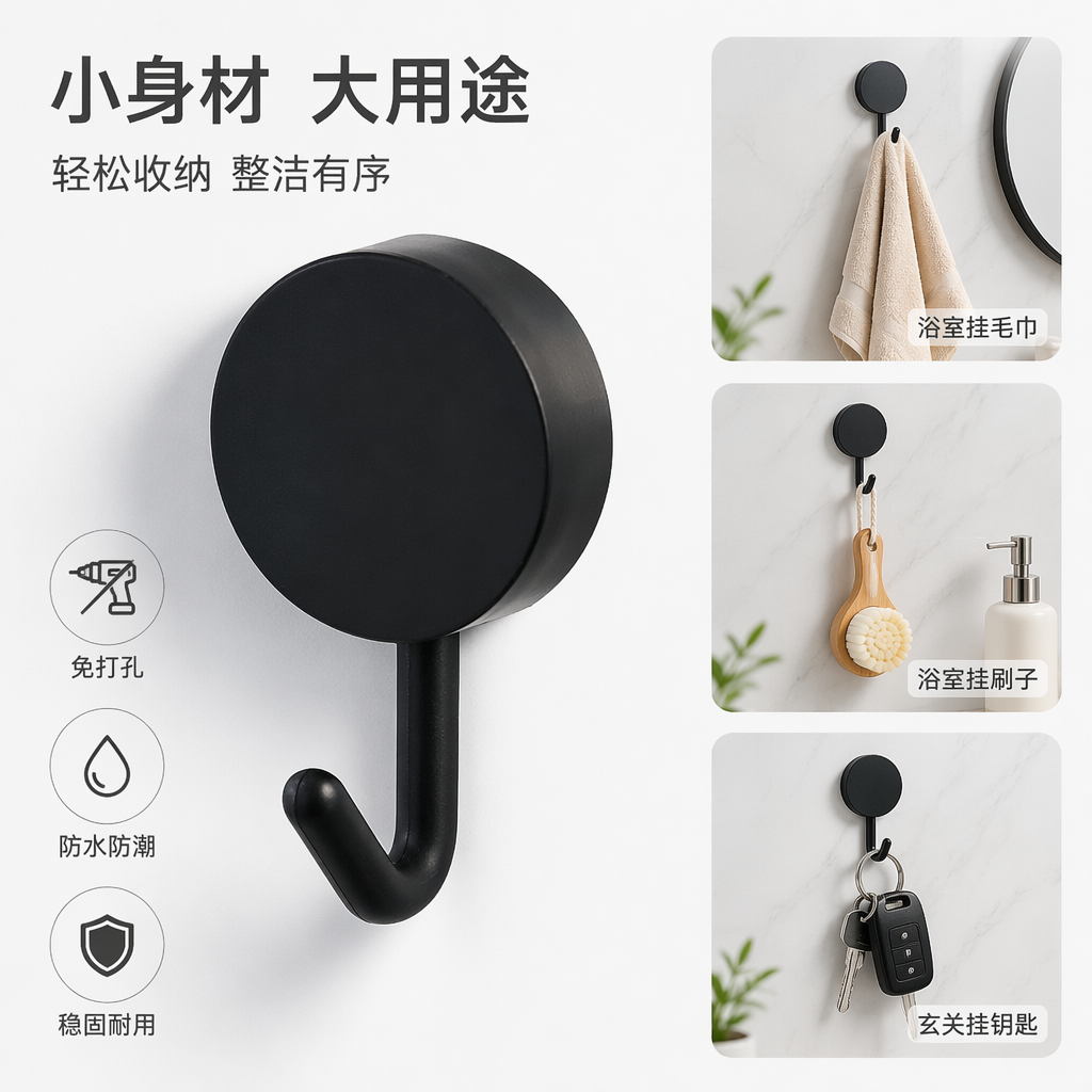 黑色圆形吸盘挂钩免打孔浴室厨房承重强力粘贴