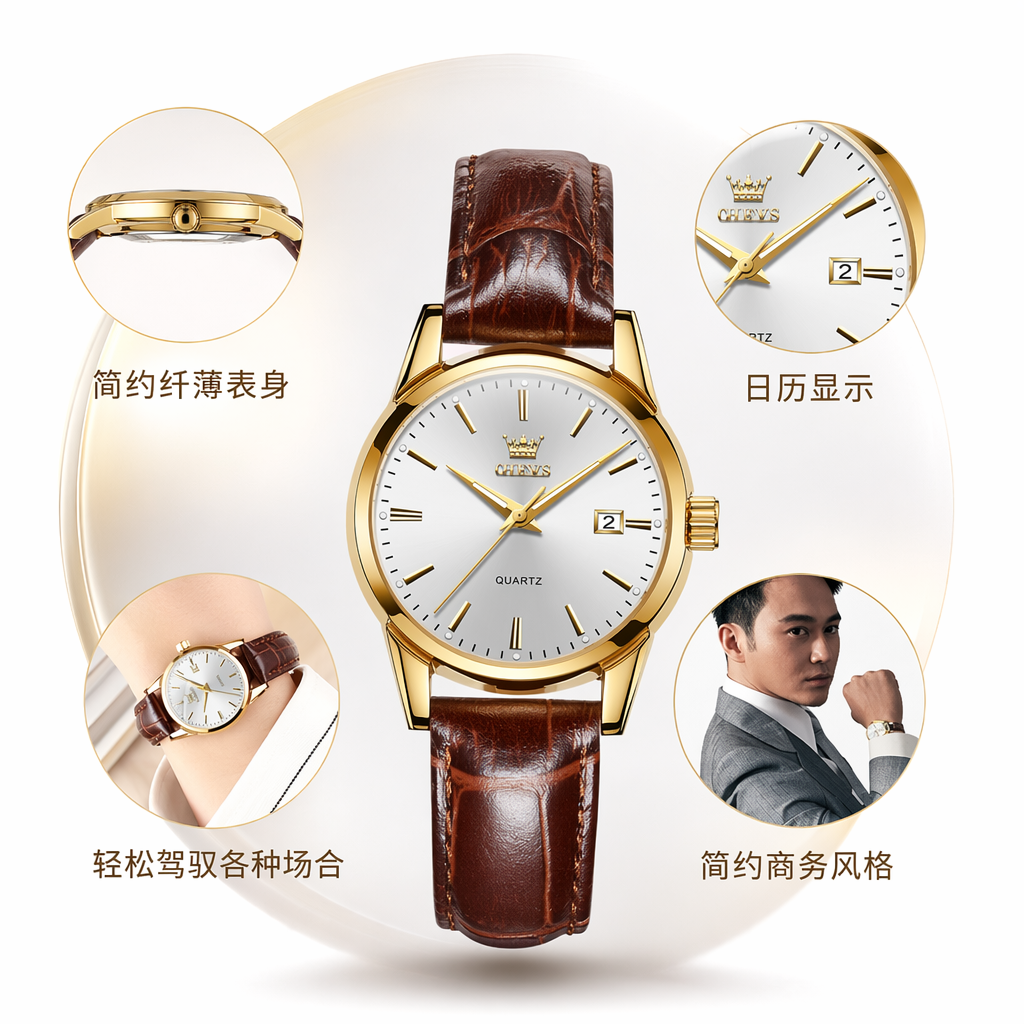 金色表壳白色表盘棕色皮质表带男士手表