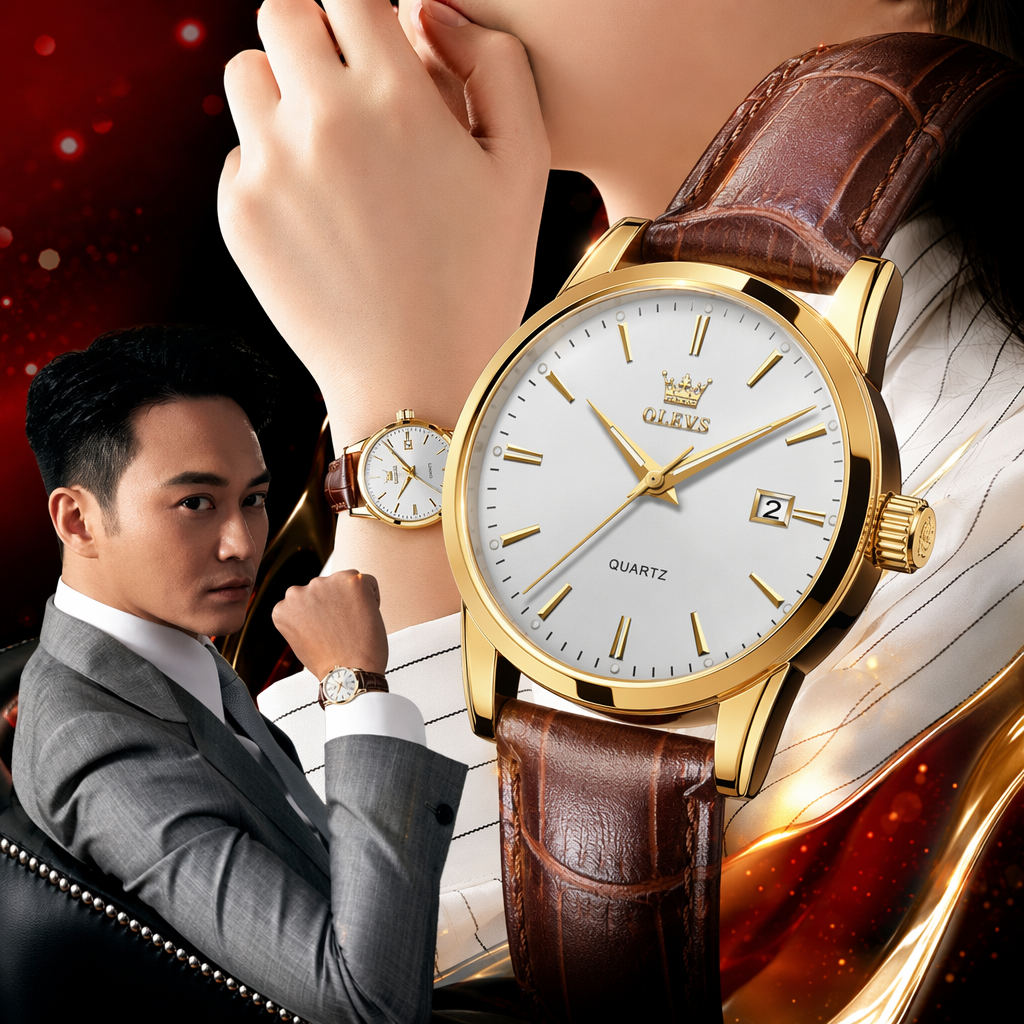 金色表壳白色表盘棕色皮质表带男士手表 Specification image