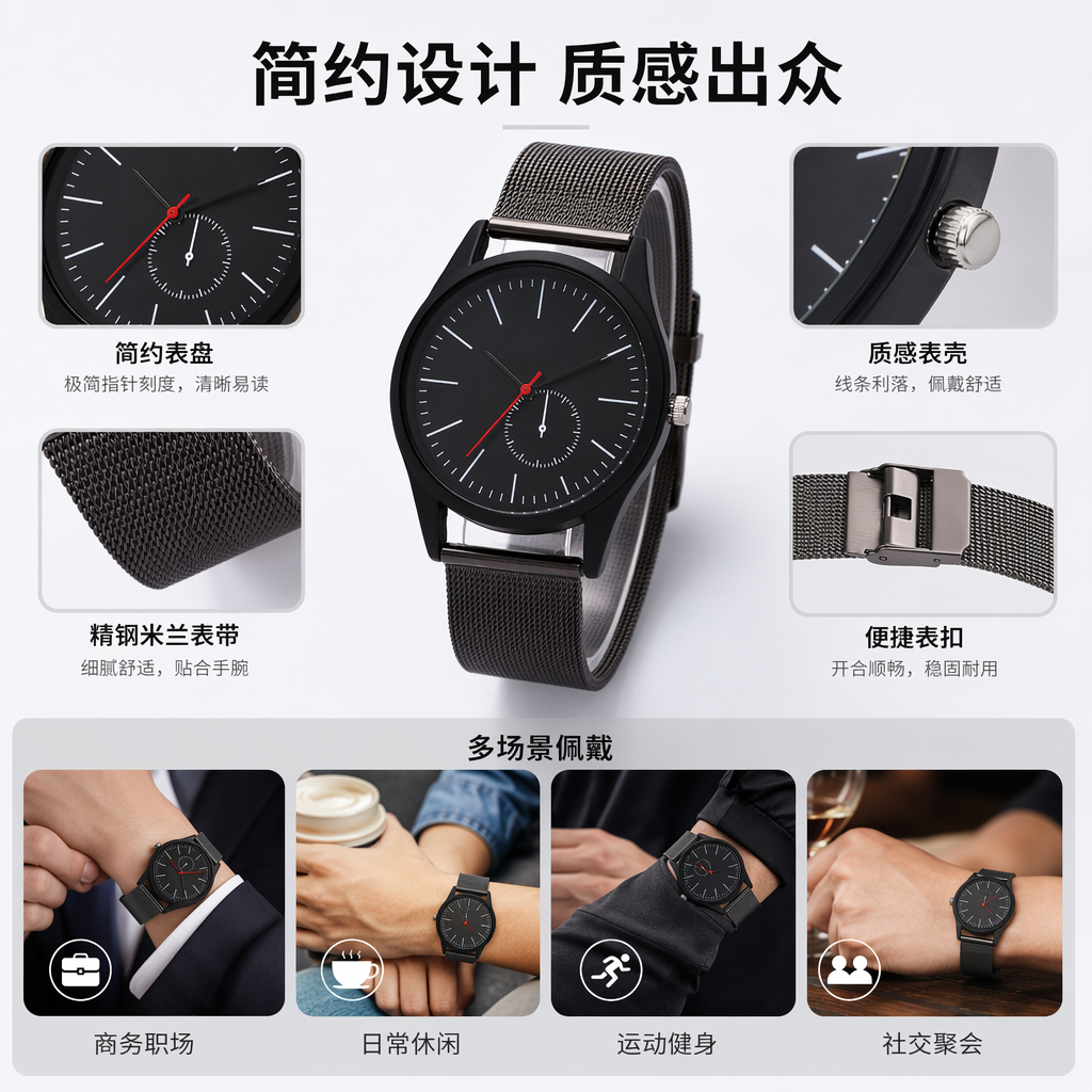 黑色表盘男士石英手表简约商务休闲腕表图