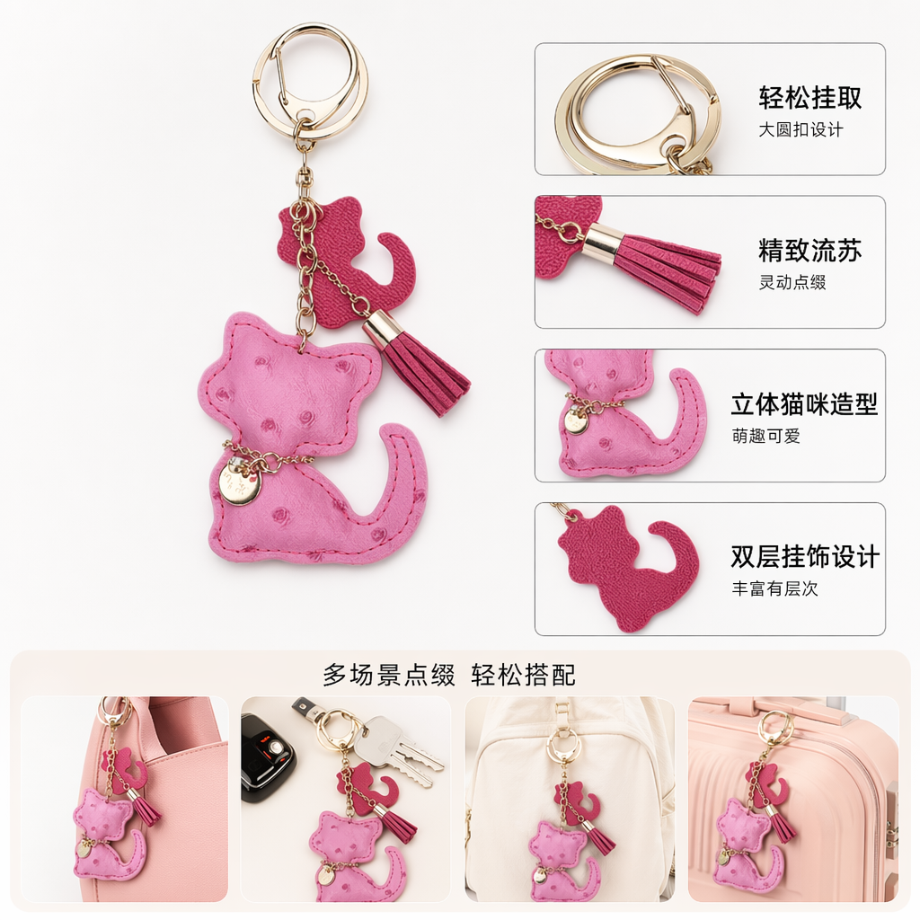 粉色猫形皮革钥匙扣带流苏吊牌可爱萌系配饰