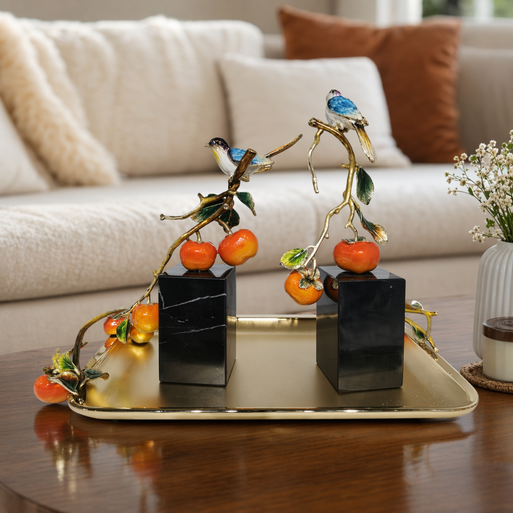 Colorful bird-perch, branch and fruit ceramic ornaments for home decoration, living room and study desktop display details Picture