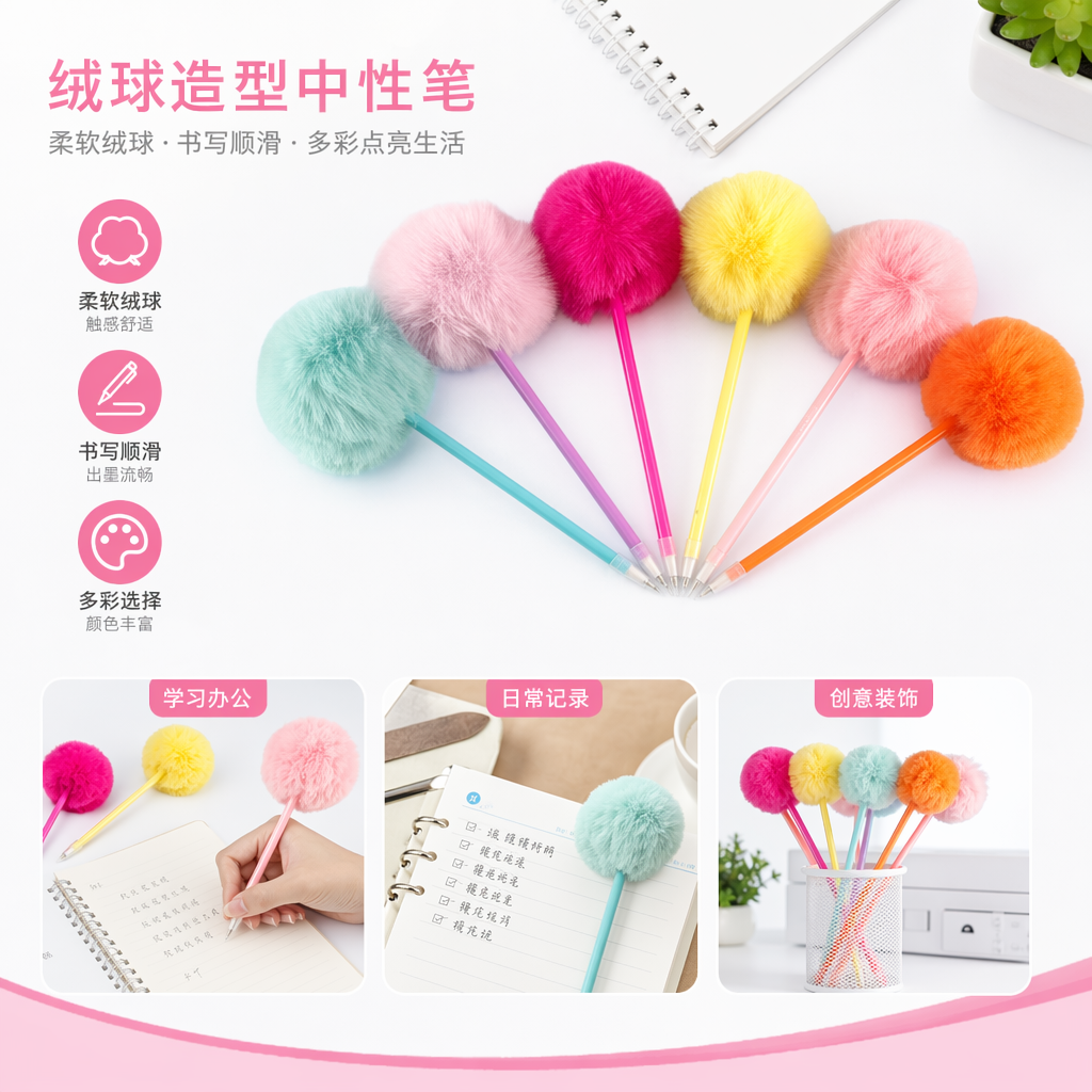 彩色毛绒球创意趣味笔 学生办公书写用可爱装饰笔