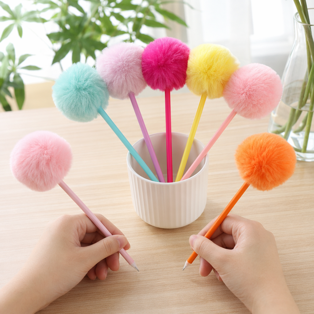 Colorful plush ball creative fun pen, cute decorative pen for student office writing details Picture