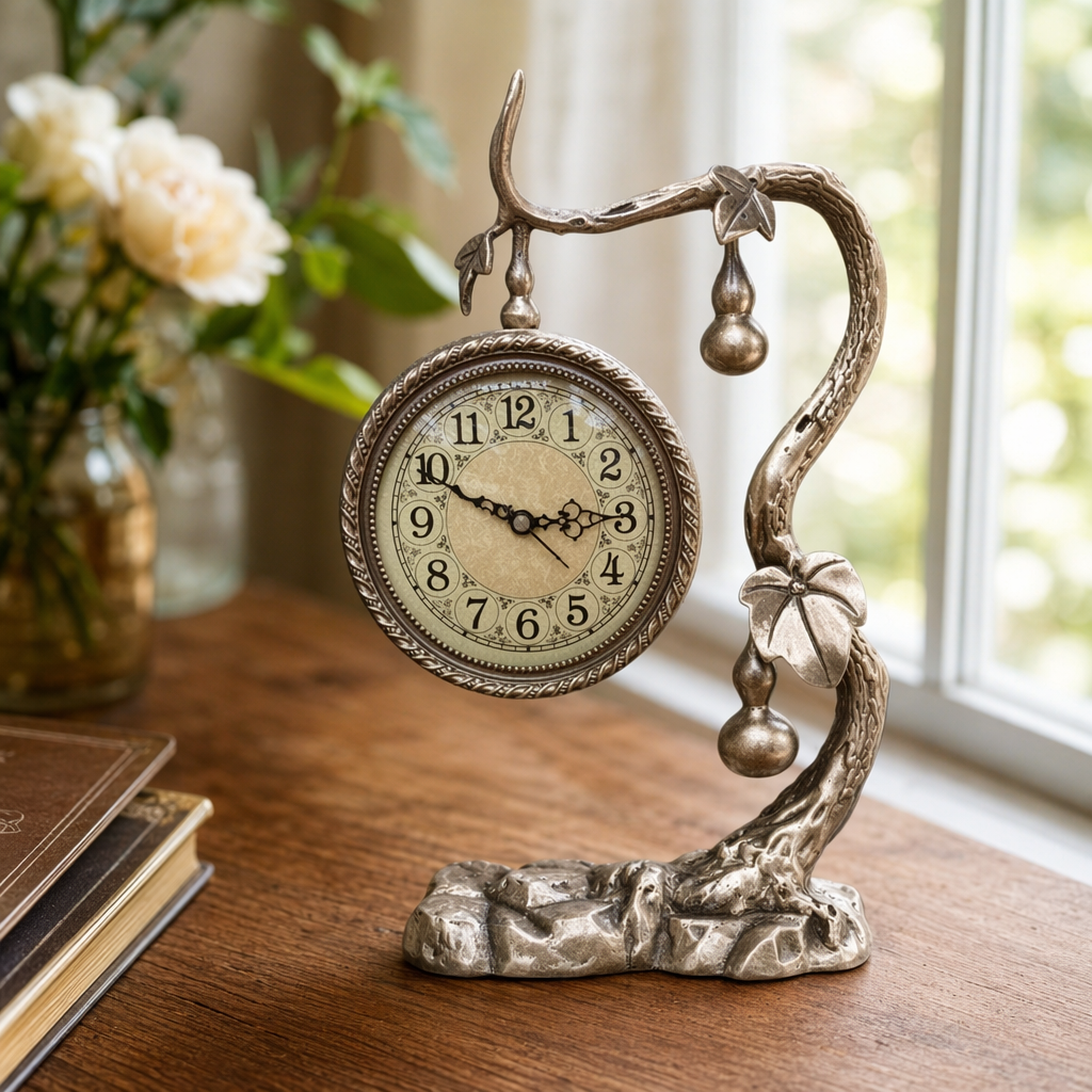A golden gourd-shaped pendulum clock for living room decoration, a creative home clock details Picture