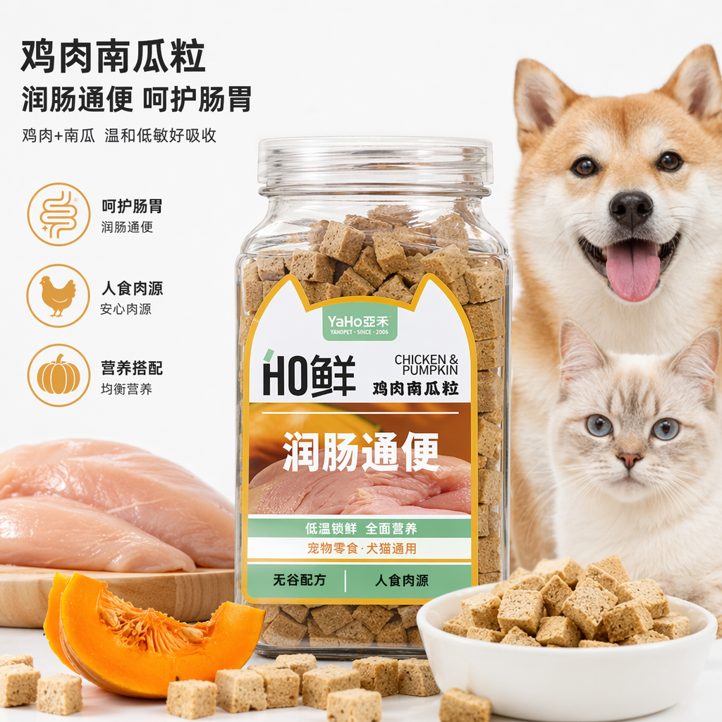 HO鲜透明玻璃罐装宠物零食鸡肉南瓜粒润肠通便-36℃低温锁鲜