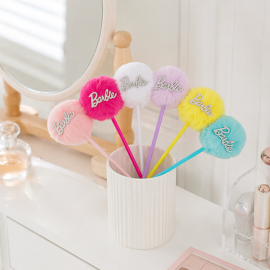 Barbie colorful plush ball decorative pens 5-piece set in pink, rose, red, white, purple, yellow and blue details Picture